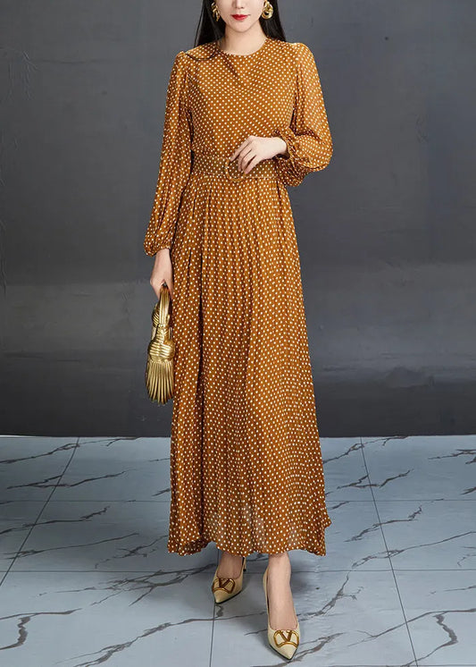 Orange Dot High Waist Chiffon Long Dress Fall