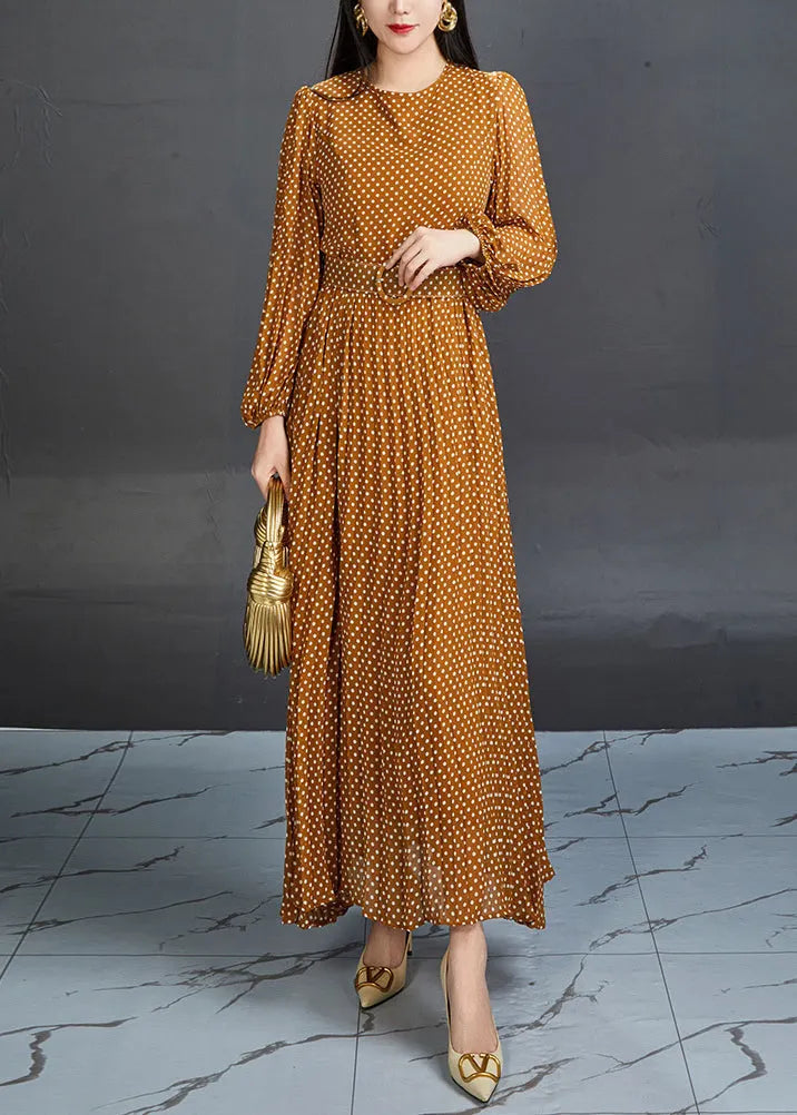 Orange Dot High Waist Chiffon Long Dress Fall