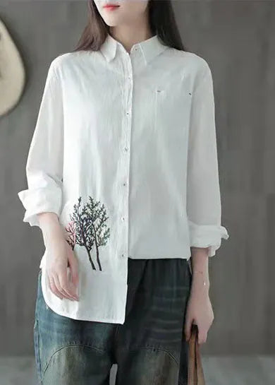 Organic White Peter Pan Collar Embroidered Cotton Shirt Top Long Sleeve
