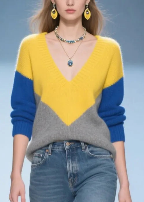 Colorblock V Neck Patchwork Warm Sweater Tops Winter