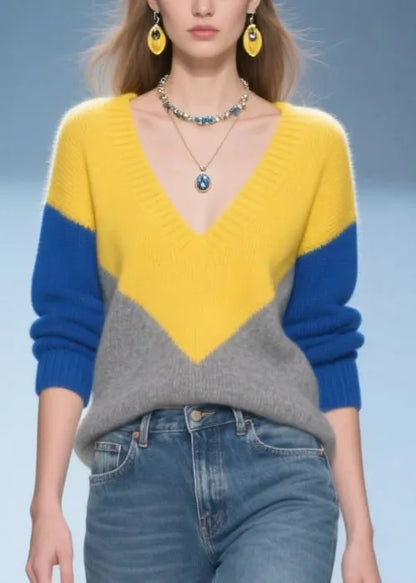 Colorblock V Neck Patchwork Warm Sweater Tops Winter