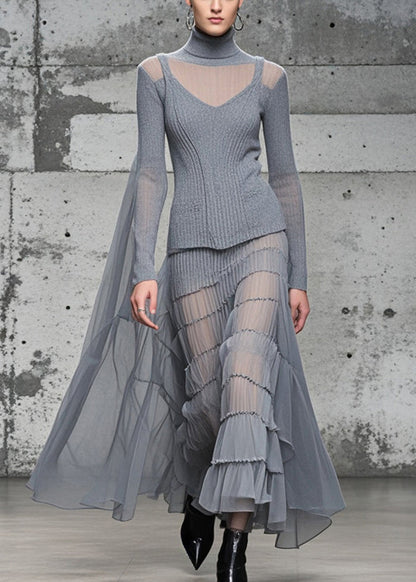 Grey High Neck Patchwork Exra Large Hem Knit Long Dress Fall