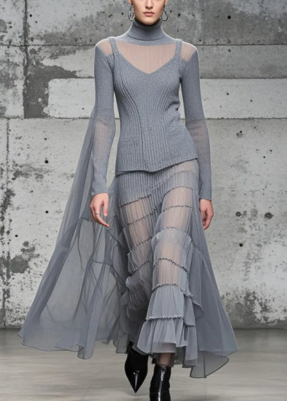 Grey High Neck Patchwork Exra Large Hem Knit Long Dress Fall