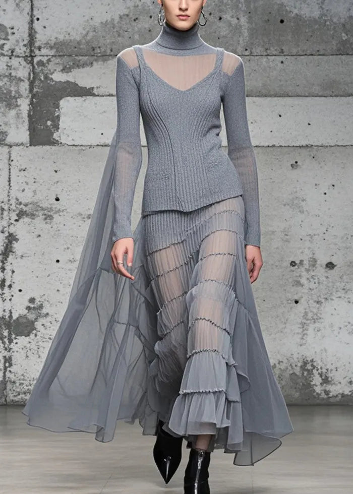 Grey High Neck Patchwork Exra Large Hem Knit Long Dress Fall