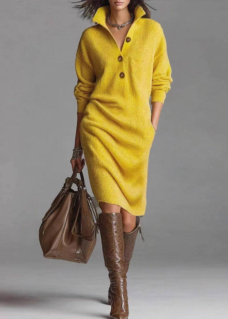 Yellow Hign Neck Button Knit Sweater Dress Winter