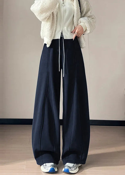 Navy Patchwork Warm Fleece Wide Leg Pants Oversized Winter