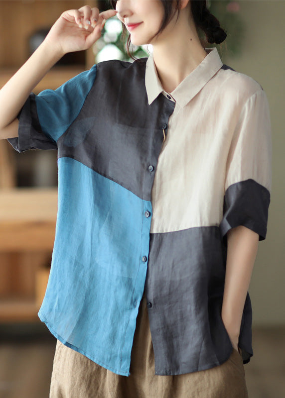 Blue Plaid Patchwork Ramie Top Short Sleeve
