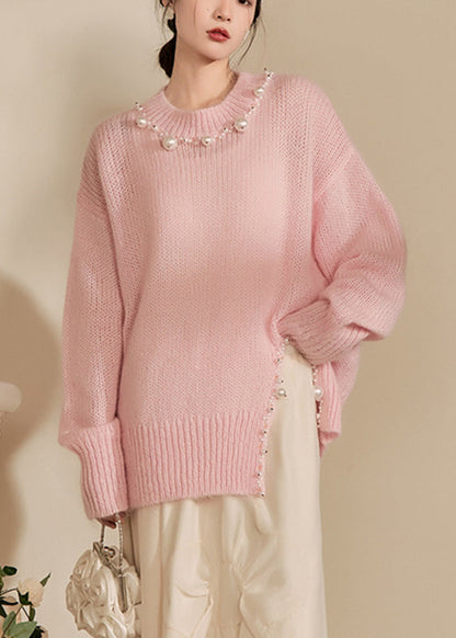 Pink O-neck Nail Bead Thick Cotton Knit Sweaters Winter