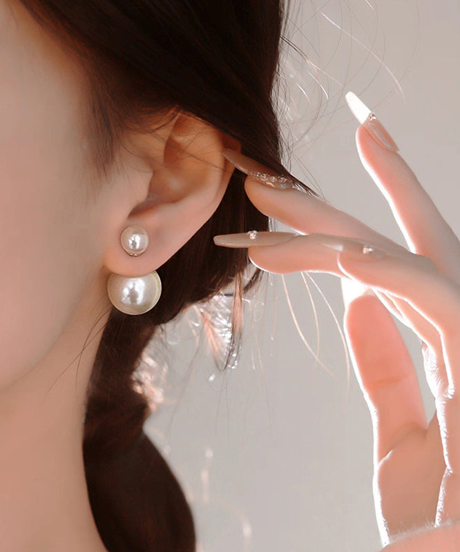 Brief White Sterling Silver Overgild Pearl Stud Earrings