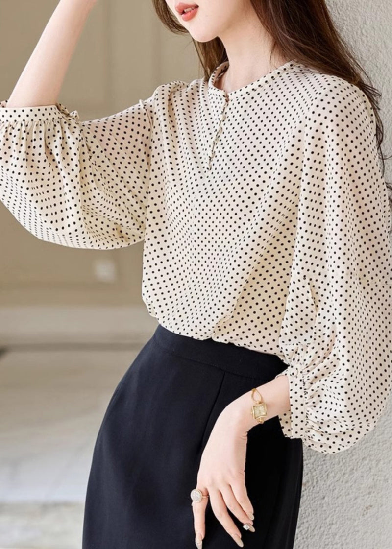 Apricot Dot Print Chiffon Top Long Sleeve