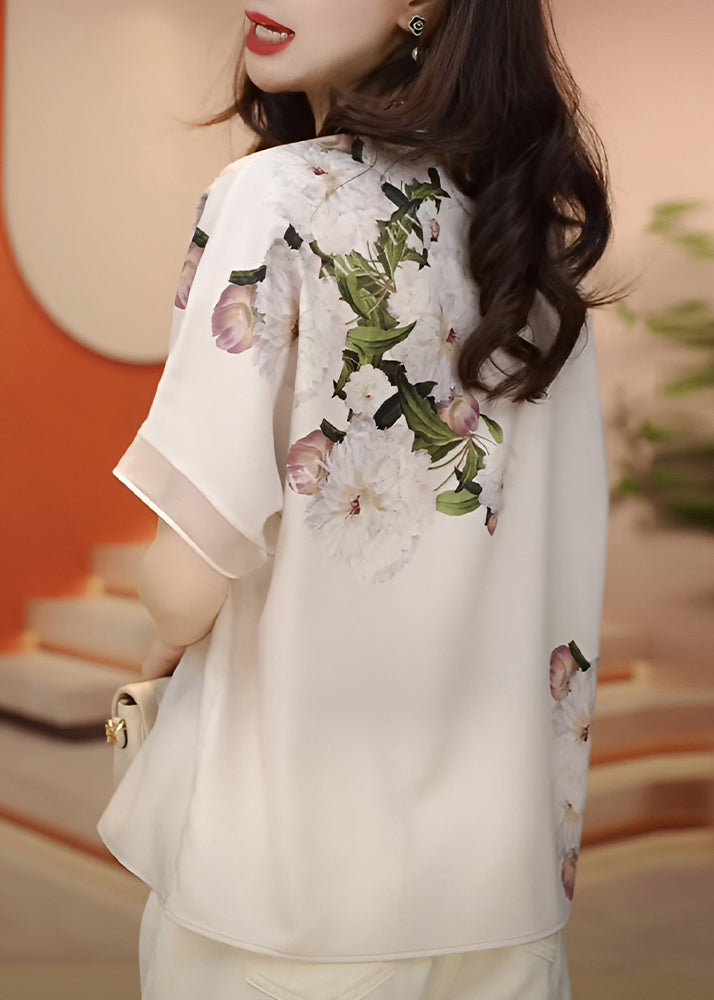 White O-neck Print Chiffon Blouses Summer