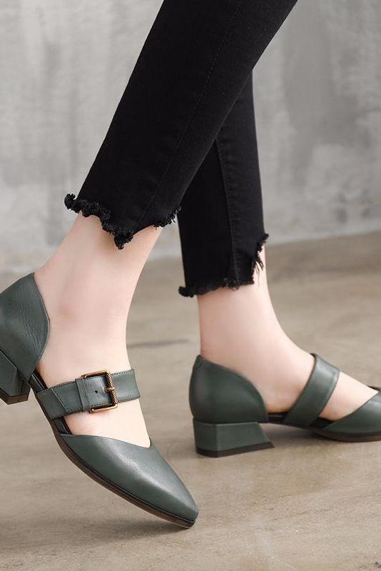 Summer Leather Mid Heels Coffee Sandals Shoes