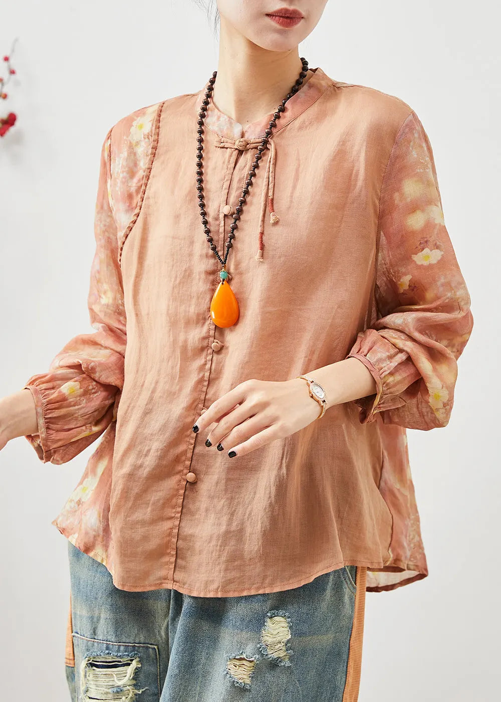Orange Mandarin Collar Patchwork Cotton Shirt Summer