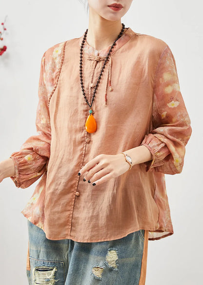 Orange Mandarin Collar Patchwork Cotton Shirt Summer