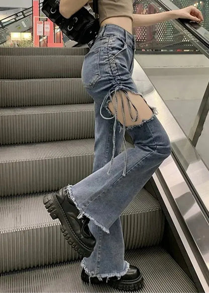 Modern Blue Hole Cinched High Waist Denim Pants Spring