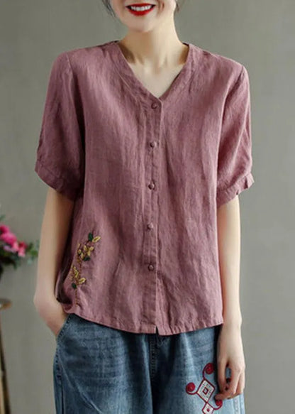 Loose Pink-ink Flowers V Neck Embroidered Summer Linen Shirt