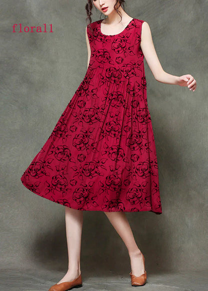 Wine Red- Patchwork1 O-neck Wrinkled Long Dresses Sleeveless