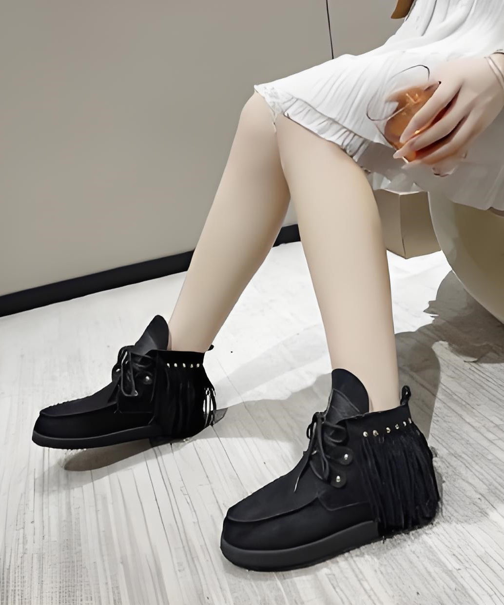 European and American Style Brown Tassel Lace Up Splicing Boots