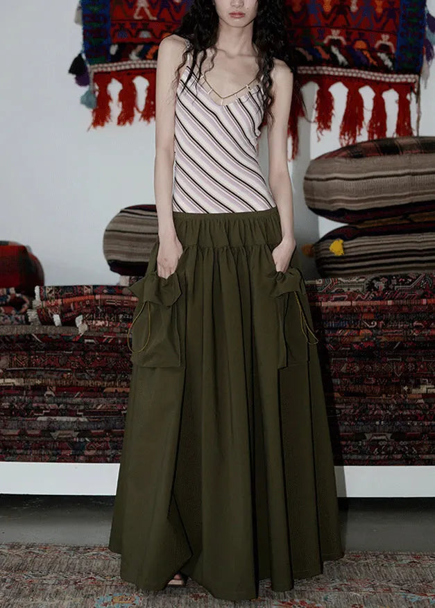 Army Green Pockets Patchwork Cotton Spaghetti Strap Dress V Neck Summer