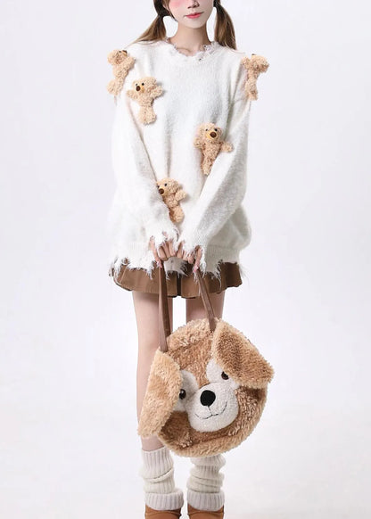 Loose Apricot O Neck Cartoon Decorated Ripped Knit Sweaters Spring