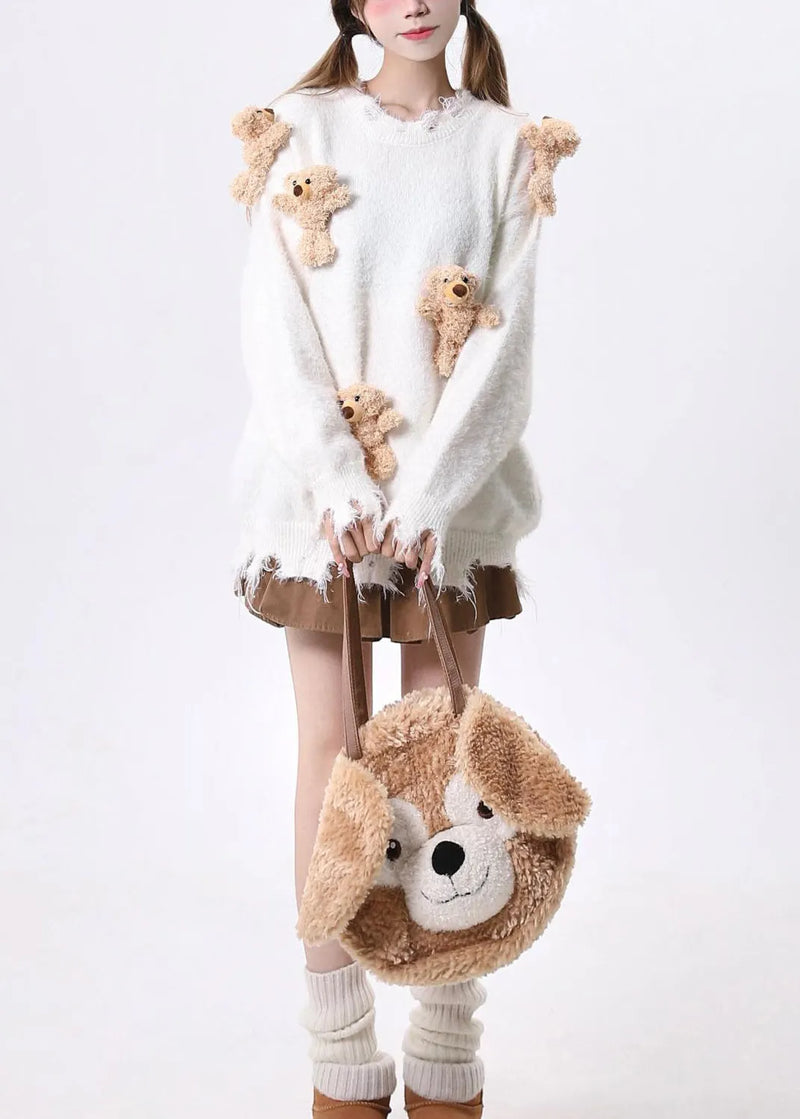 Loose Apricot O Neck Cartoon Decorated Ripped Knit Sweaters Spring