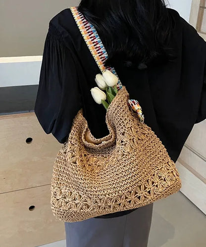 Beige Hollow Out Knit Holiday Shoulder Bags