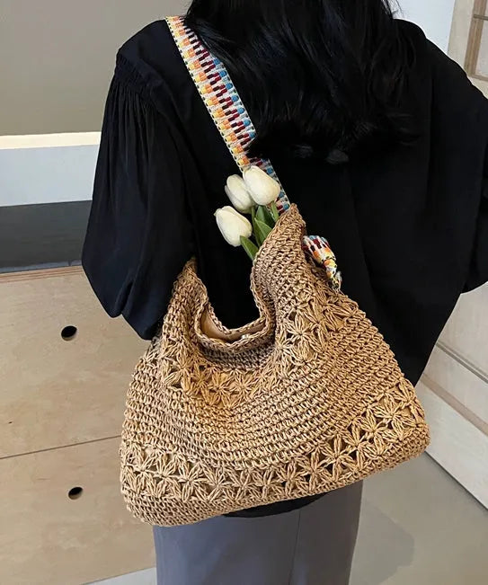 Beige Hollow Out Knit Holiday Shoulder Bags