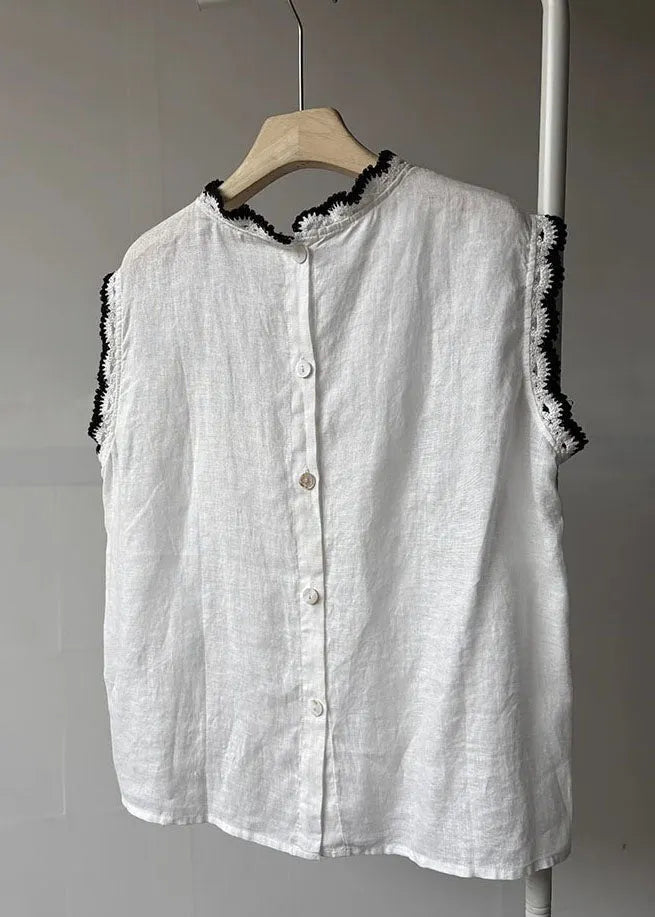 Back Button Down Patchwork Lace Linen Tops Sleeveless