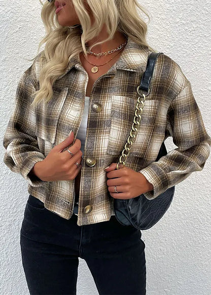 Khaki Peter Pan Collar Pockets Plaid Cotton Short Coat Fall
