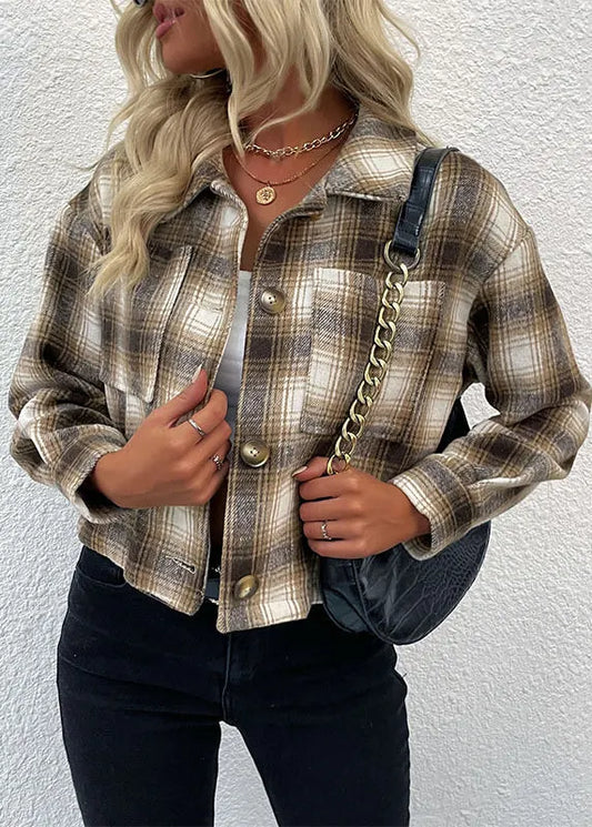 Khaki Peter Pan Collar Pockets Plaid Cotton Short Coat Fall