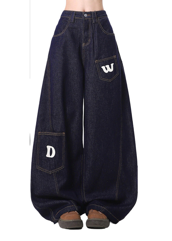 Navy Letter Print Denim Wide Leg Pants Spring