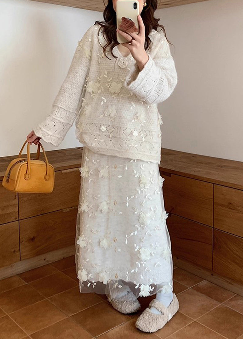 Beige Hollow Out Sweaters and Skirts Patchwork Knit Two Piece Set Fall