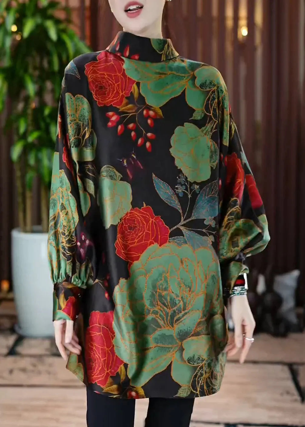 Green Peter Pan Collar Print Button Silk Shirt Fall