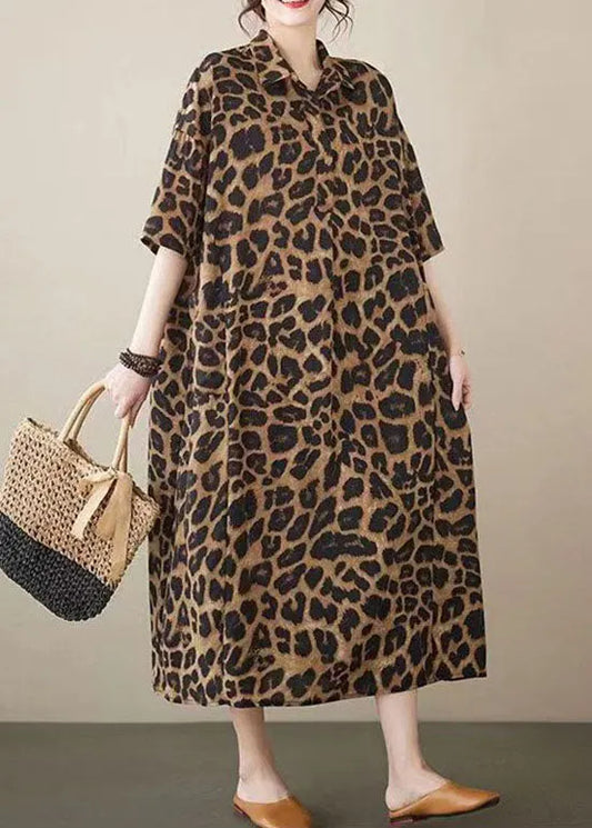Leopard Peter Pan Collar Pockets Patchwork Cotton Long Dresses Summer
