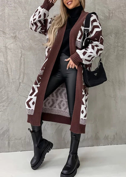 Black V Neck Geometric Jacquard Knit Cardigan Fall