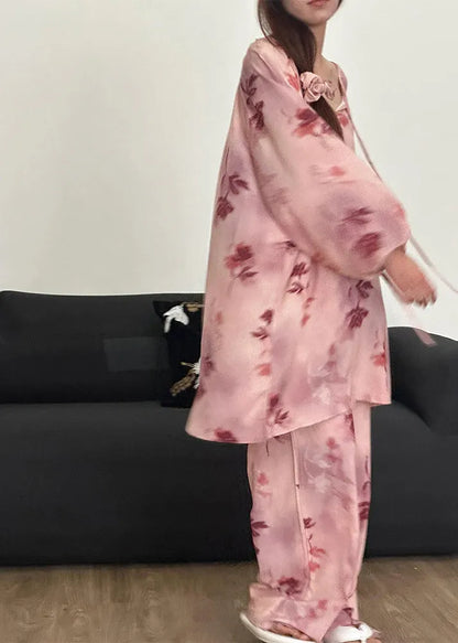Loose Pink Print Lace Up Cotton Pajamas Two Piece Set Fall