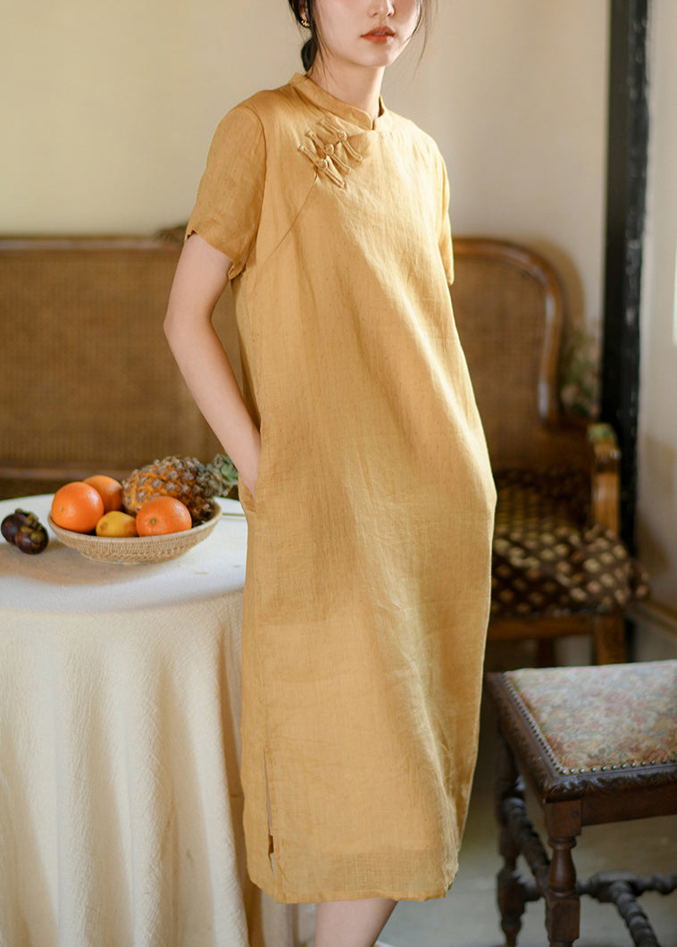 Yellow Oriental Button Linen Dresses Summer