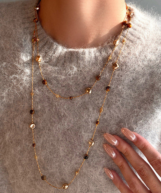 Retro Coffee Tiger's Eye Stone Double Tier Copper Long Necklace