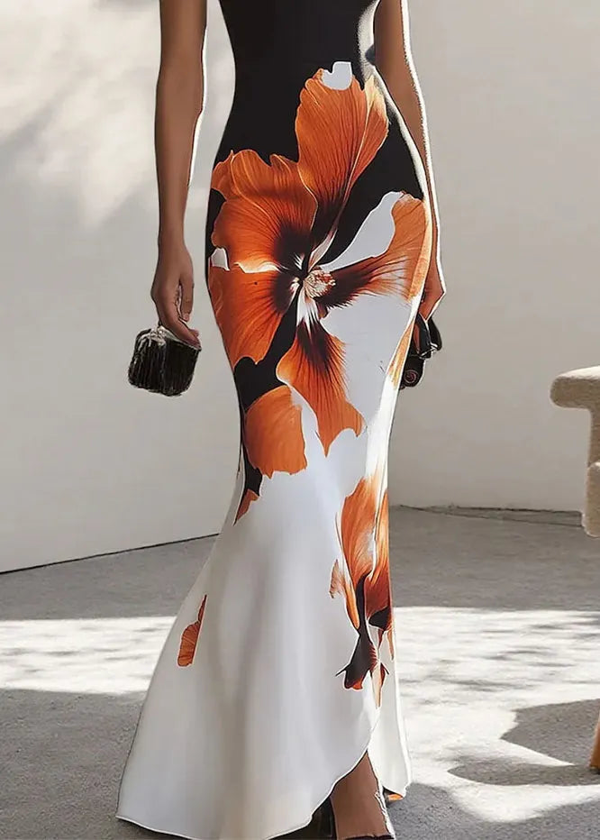 Slim Fit O Neck Print Cotton Long Dress Sleeveless