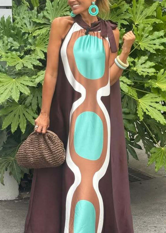 Coffee Lace Up Print Cotton Long Dresses Sleeveless