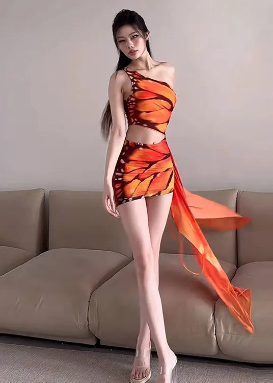 Hot Style Orange Print Asymmetrical Slim Fit One Shoulder Dress