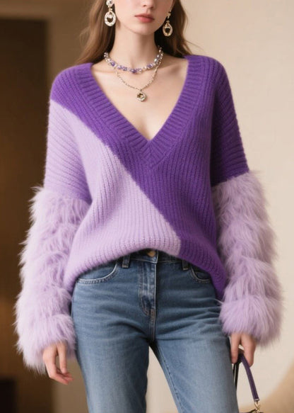 Purple Oversized Patchwork Faux Fur Sweaters Winter