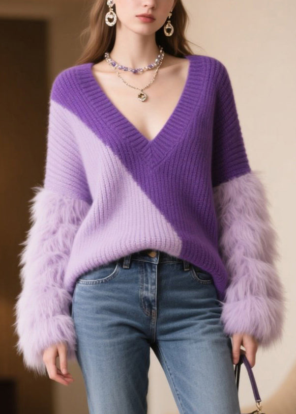 Purple Oversized Patchwork Faux Fur Sweaters Winter