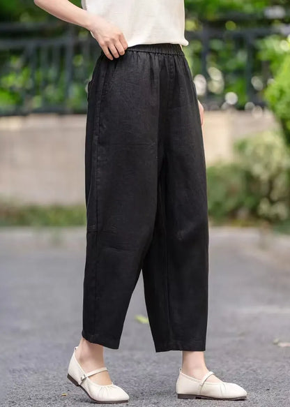 Purple Pockets Elastic Waist Linen Crop Pants Summer
