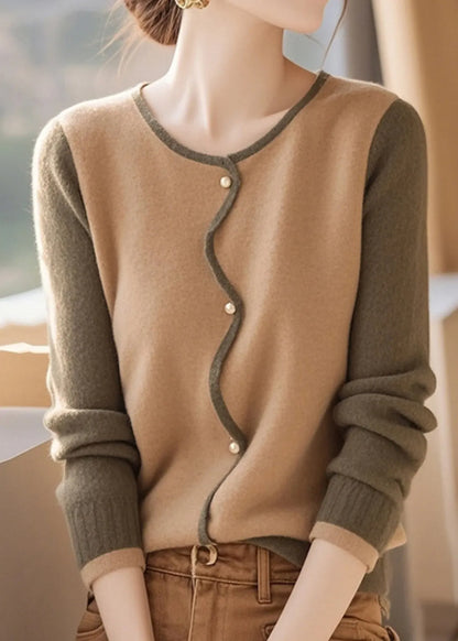 Stylish Colorblock O Neck Button Woolen Cardigans Spring