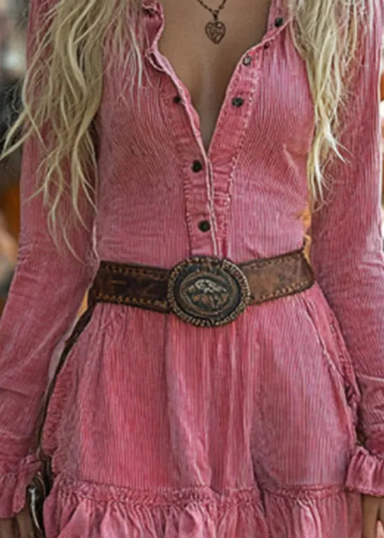 European and American Style Pink Ruffled Patchwork Corduroy Dress Spring