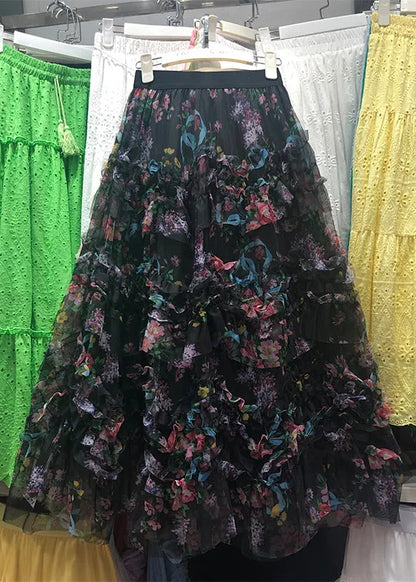 Apricot Asymmetrical Print Ruffled Tulle Cake Skirt Spring