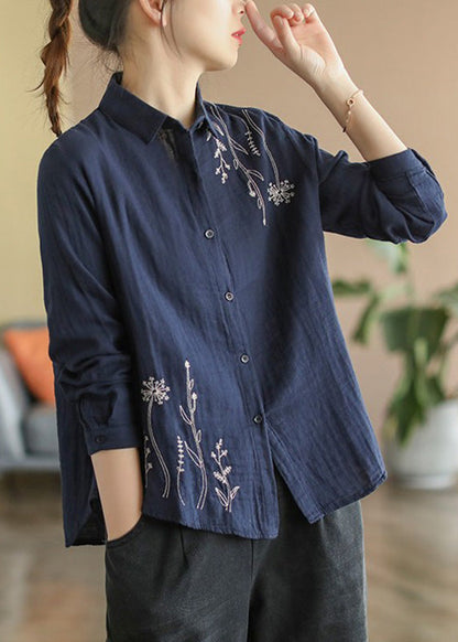 Navy Blue Embroidered Cotton Shirt Spring