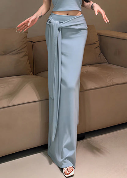 Italian Sky Blue Wraped Cotton Straight Skirts Spring