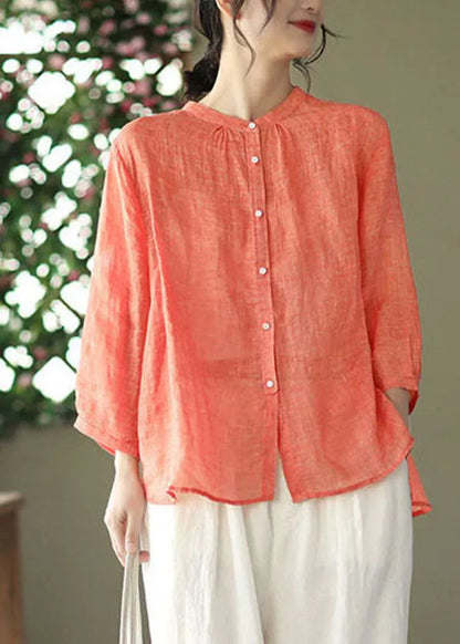Orange Stand Collar Linen Blouse Top Bracelet Sleeve